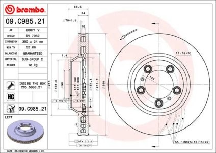 Disc frână BREMBO, față, stânga, pentru: PORSCHE CAYENNE, PANAMERA, PANAMERA SPORT TURISMO 2.9-4.0D 05.16-