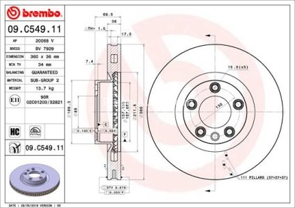 Disc frână BREMBO, față, stânga, pentru: PORSCHE CAYENNE; VW TOUAREG 3.0D-4.8 11.04-