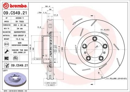 Disc frână BREMBO, față, stânga, pentru: PORSCHE PANAMERA 3.0-4.8 07.09-10.16 3