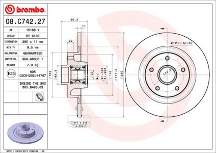 Disc frână BREMBO, cu rulment, spate,  (cu inel ABS) pentru: RENAULT GRAND SCENIC IV, MEGANE IV, SCENIC IV, TALISMAN 1.2-2.0D 06.15- 1