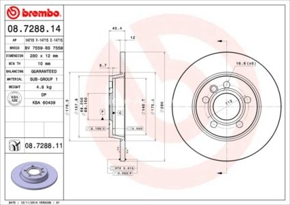 Disc frână BREMBO, spate,  pentru: SEAT ALHAMBRA; VW CALIFORNIA T4 CAMPER, SHARAN, TRANSPORTER T4 1.8-2.8 07.90-03.10 3