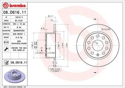 Disc frână BREMBO, spate,  pentru: SKODA OCTAVIA III 1.0-2.0D 11.12-10.20