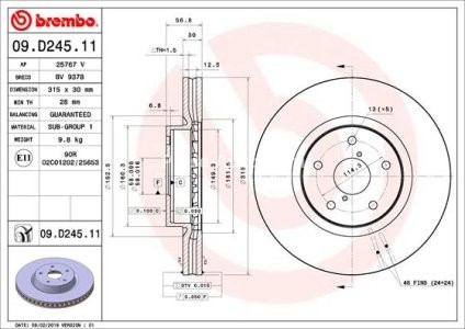 Disc frână BREMBO, față, pentru: SUBARU LEGACY VI, LEVORG, OUTBACK, TRIBECA 1.6-3.6 01.05- 3