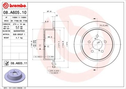 Disc frână BREMBO, spate,  pentru: SUBARU LEGACY IV, OUTBACK 2.0-3.0 09.03-12.09 3