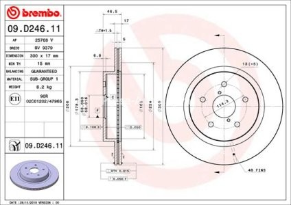 Disc frână BREMBO, spate,  pentru: SUBARU LEGACY VI, LEVORG, OUTBACK 1.6-3.6 07.14-