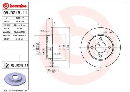 Disc frână BREMBO, spate,  pentru: SUZUKI BALENO, SWIFT V 1.0-1.2H 02.16-