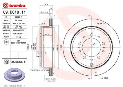 Disc frână BREMBO, spate,  pentru: TOYOTA LAND CRUISER 200, SEQUOIA, TUNDRA 4.5D-5.7ALK 05.98-