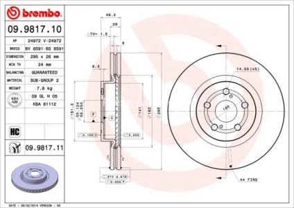 Disc frână BREMBO, față, pentru: TOYOTA AVENSIS 1.8-2.4 03.03-11.08 3