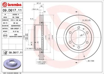 Disc frână BREMBO, față, pentru: TOYOTA FORTUNER, HILUX, HILUX VII, HILUX VIII 2.4D-4.0 06.04-