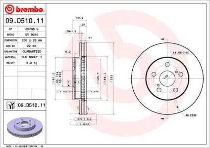 Disc frână BREMBO, față, pentru: TOYOTA PRIUS, PRIUS PHV 1.8H 09.15-