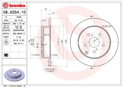 Disc frână BREMBO, spate,  pentru: TOYOTA COROLLA VERSO 1.6-2.2D 04.04-03.09 3