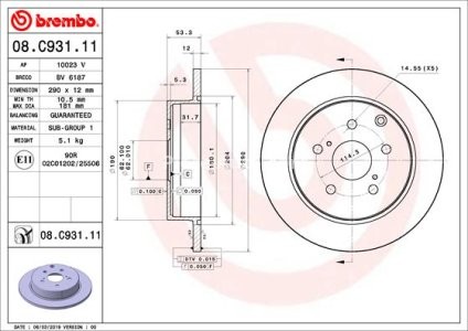 Disc frână BREMBO, spate,  pentru: TOYOTA MIRAI, PRIUS PLUS 1.8H/Electric 05.11-