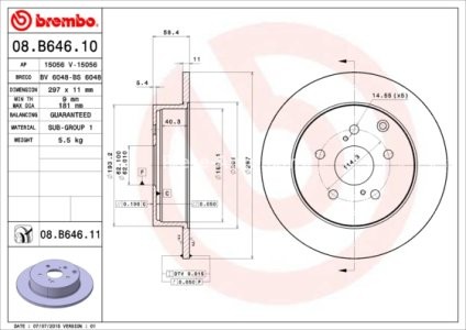 Disc frână BREMBO, spate,  pentru: TOYOTA VERSO 1.6-2.2D 04.09-08.18 3