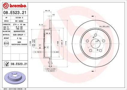 Disc frână BREMBO, spate,  pentru: TOYOTA YARIS 1.5/1.5H 02.20-
