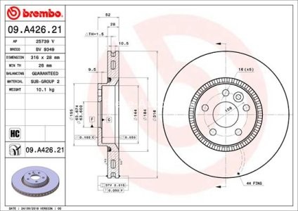 Disc frână BREMBO, față, pentru: VOLVO S60 II, S80 II, V60 I, V70 II, V70 III, V70 III/KOMBI, XC70 II 1.5-4.4 04.05-12.18