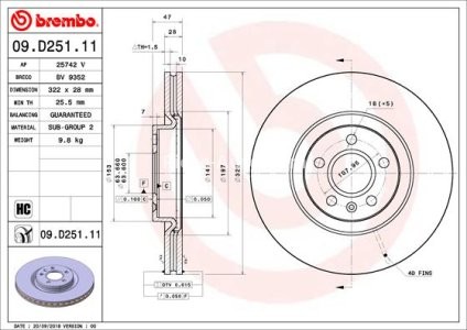Disc frână BREMBO, față, pentru: VOLVO S60 III, S90 II, V60 II, V90 II, XC40, XC60 II 1.5-2.0H 03.16-