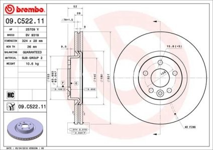 Disc frână BREMBO, față, pentru: VOLVO XC60 I 2.0-3.0 05.08-12.17 3