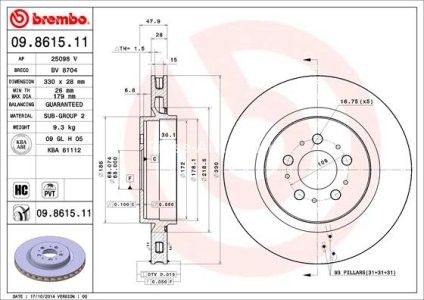 Disc frână BREMBO, spate,  pentru: VOLVO S60 I, V70 II 2.5 01.03-04.10 3