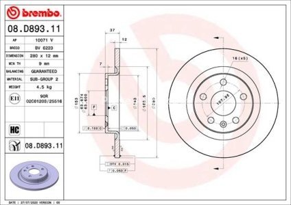 Disc frână BREMBO, spate,  pentru: VOLVO XC40 1.5-2.0H 10.17-