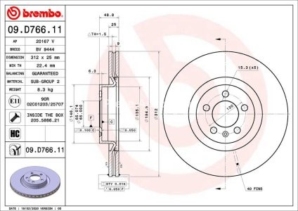 Disc frână BREMBO, față, pentru: VW POLO VI 1.0/2.0 06.17-