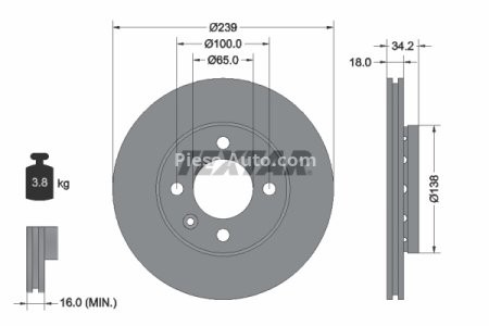 Disc frână TEXTAR, față, pentru: SEAT AROSA; VW LUPO I, POLO, POLO III, POLO/HATCHBACK 1.0-1.9D 08.92-07.05 3