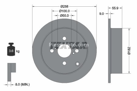 Disc frână TEXTAR, spate, pentru: TOYOTA COROLLA 1.4/1.6 10.01-03.08 3