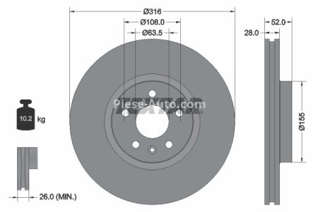 Disc frână TEXTAR, față, pentru: VOLVO S60 II, S80 II, V60 I, V70 III, V70 III/KOMBI, XC70 II; FORD GALAXY II, GALAXY MK II, S-MAX; LAND ROVER FREELANDER 2 1.5-4.4 03.06-12.18