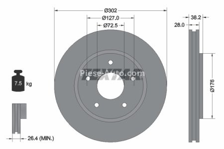 Disc frână TEXTAR, față, pentru: CHRYSLER GRAND VOYAGER V, VOYAGER IV, VOYAGER V; DODGE CARAVAN, GRAND, JOURNEY; FIAT FREEMONT; VW ROUTAN 2.0D-4.0 02.00-