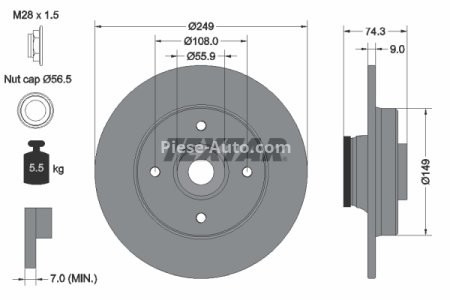 Disc frână TEXTAR, cu rulment, spate,  (cu butuc; cu magnet integrat, inel ABS; fara pivot de fixare a rotii) pentru: DS DS 4; CITROEN C4 II 1.2-2.0D 09.07- 1