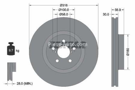 Disc frână TEXTAR, față, pentru: SUBARU FORESTER, LEGACY IV, LEGACY V, OUTBACK 2.0-3.6 09.03-