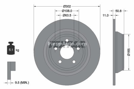 Disc frână TEXTAR, spate, pentru: FORD MONDEO V; FORD USA FUSION 1.0-2.5 09.12-