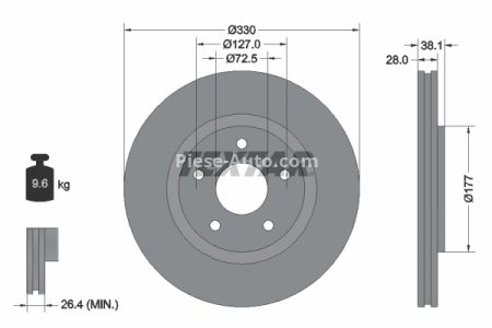 Disc frână TEXTAR, față, pentru: CHRYSLER GRAND VOYAGER V, PACIFICA, VOYAGER V; DODGE GRAND, JOURNEY; FIAT FREEMONT; LANCIA VOYAGER; VW ROUTAN 2.0D-4.0 06.07-