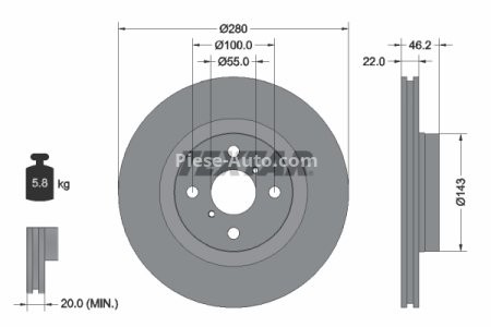 Disc frână TEXTAR, față, pentru: TOYOTA YARIS, YARIS/HATCHBACK 1.5/1.5H 03.12-