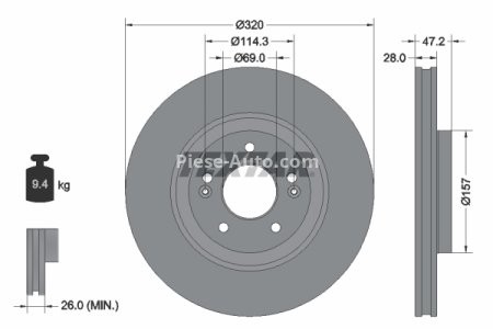 Disc frână TEXTAR, față, pentru: HYUNDAI TUCSON; KIA SPORTAGE IV, SPORTAGE V 1.6-2.4 06.15-