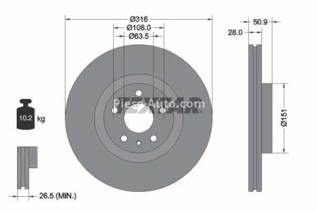 Disc frână TEXTAR, față, pentru: FORD MONDEO V; FORD USA FUSION 1.0-2.5 09.12-