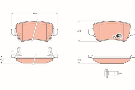 Set plăcuțe frână TRW, spate, (cu accesorii; cu șuruburi de ghidare etrier frână), pentru: CHEVROLET CORSA; KIA VENGA; LADA KALINA; OPEL ASTRA G, ASTRA G CLASSIC 1.2-2.2D 08.94-