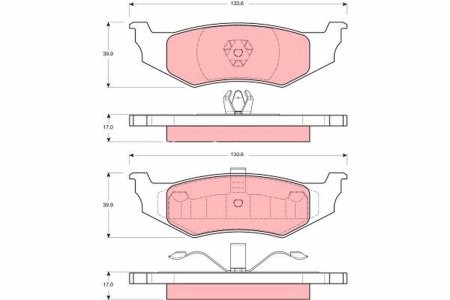 Set plăcuțe frână TRW, spate, pentru: CHRYSLER 300M, CIRRUS, CONCORDE, LE BARON, LHS, NEON, NEON II, PT CRUISER, SARATOGA, SEBRING, STRATUS, VISION, VOYAGER III; DODGE CARAVAN 1.6-3.8 09.86-