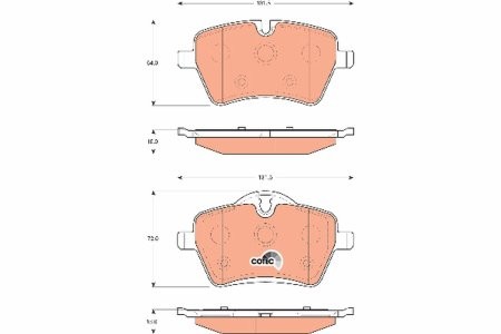 Set plăcuțe frână TRW, față (cu accesorii; cu șuruburi de ghidare etrier frână), pentru: MINI (R50, R53), (R52), (R56), (R57), (R58), (R59), CLUBMAN (R55) 1.4-2.0D 06.01-10.16