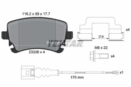 Set plăcuțe frână TEXTAR, spate, pentru: VW CALIFORNIA T5 CAMPER, CALIFORNIA T6 CAMPER, MULTIVAN T5, MULTIVAN T6, TRANSPORTER T5, TRANSPORTER T6, TRANSPORTER T6 / CARAVELLE T6 1.9D-Electric 04.03-