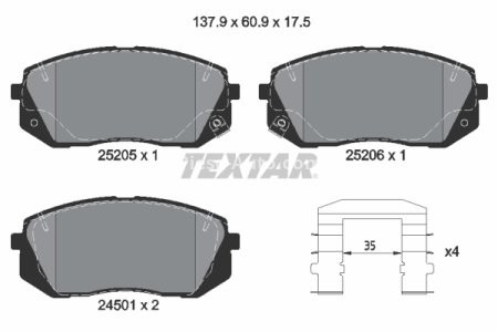 Set plăcuțe frână TEXTAR, față, (cu accesorii), pentru: HYUNDAI I40 I, I40 I CW, IX35, KONA, SONATA V, SONATA VI, TUCSON, TUCSON/SUV; KIA CADENZA I, CADENZA II, OPTIMA, PRO CEE'D 1.6-Electric 01.08-