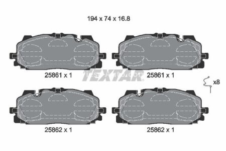 Set plăcuțe frână TEXTAR, față, (cu accesorii), pentru: AUDI A3, A3 ALLSTREET, A4 ALLROAD B9, A4 B9, A5, A6 ALLROAD C8, A6 C8, A7, A8 D5, E-TRON, Q3, Q5, Q7, Q8, Q8 E-TRON 1.0-Electric 09.09-