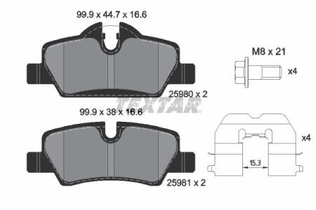 Set plăcuțe frână TEXTAR ,spate (cu accesorii; cu suruburi ghidare etrier frână), pentru: MINI (F55), (F56), (F57) 1.2-2.0D 09.13-