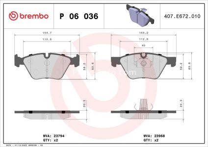 Set plăcuțe frână BREMBO ,față, pentru: BMW 1 (E81), 1 (E82), 1 (E87), 1 (E88), 3 (E90), 3 (E91), 3 (E92), 3 (E93), 5 (E60), 5 (E61), X1 (E84), Z4 (E89) 1.6-3.0D 07.03-08.16