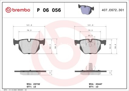 Set plăcuțe frână BREMBO, spate , pentru: BMW X5 (E70), X5 (F15, F85), X6 (E71, E72), X6 (F16, F86) 2.0-3.0D 10.06-07.19