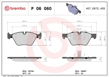 Set plăcuțe frână BREMBO ,față, (fara optionale), pentru: BMW 5 (F10), 5 (F11) 1.6-3.0D 06.09-02.17