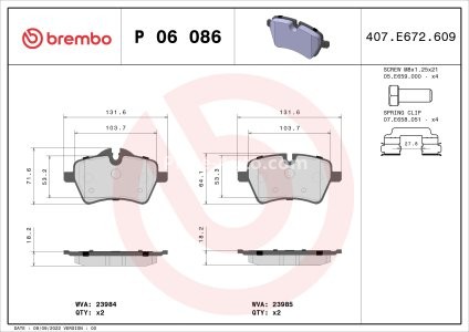 Set plăcuțe frână BREMBO ,față, (cu accesorii; cu suruburi ghidare etrier frână), pentru: MINI (R56), (R57), (R58), (R59), CLUBMAN (R55), COUNTRYMAN (R60) 1.6/1.6D/2.0D 10.06-10.16