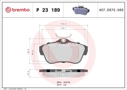 Set plăcuțe frână BREMBO, spate , pentru: FIAT SCUDO 1.6D 02.11-03.16