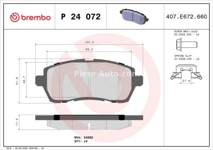 Set plăcuțe frână BREMBO ,față, (cu accesorii; cu suruburi ghidare etrier frână), pentru: FORD FIESTA VI; MAZDA 2 1.0-1.6D 07.07-