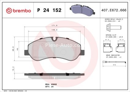 Set plăcuțe frână BREMBO ,față, (cu suruburi ghidare etrier frână), pentru: FORD TOURNEO CUSTOM V362, TRANSIT CUSTOM V362, TRANSIT V363 1.0H-2.2D 04.12-