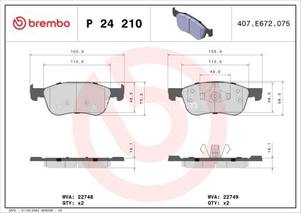 Set plăcuțe frână BREMBO ,față, (fara optionale), pentru: FORD FIESTA VII 1.0-1.5D 05.17-